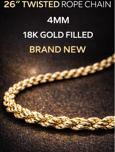 26" 4mm Diamond Cut Twisted Rope Chain 18K Gold Filled Brand New