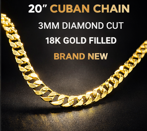 20" 3mm Diamond Cut Cuban Link Chain 18K Gold Filled Brand New