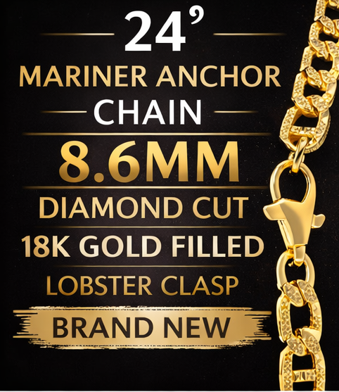 24" 8.6mm Diamond Cut Mariner Anchor Chain 18K Gold Filled Brand New