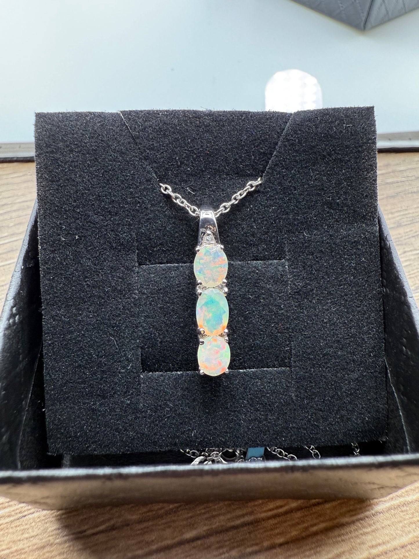 Ethiopian Opal 3-Stone Pendant with Chain Brand New