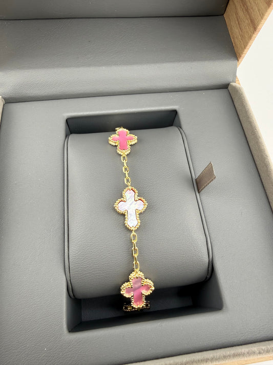 7" Pink Opal Cross Bracelet Yellow Gold Over 925 Sterling Silver Brand New