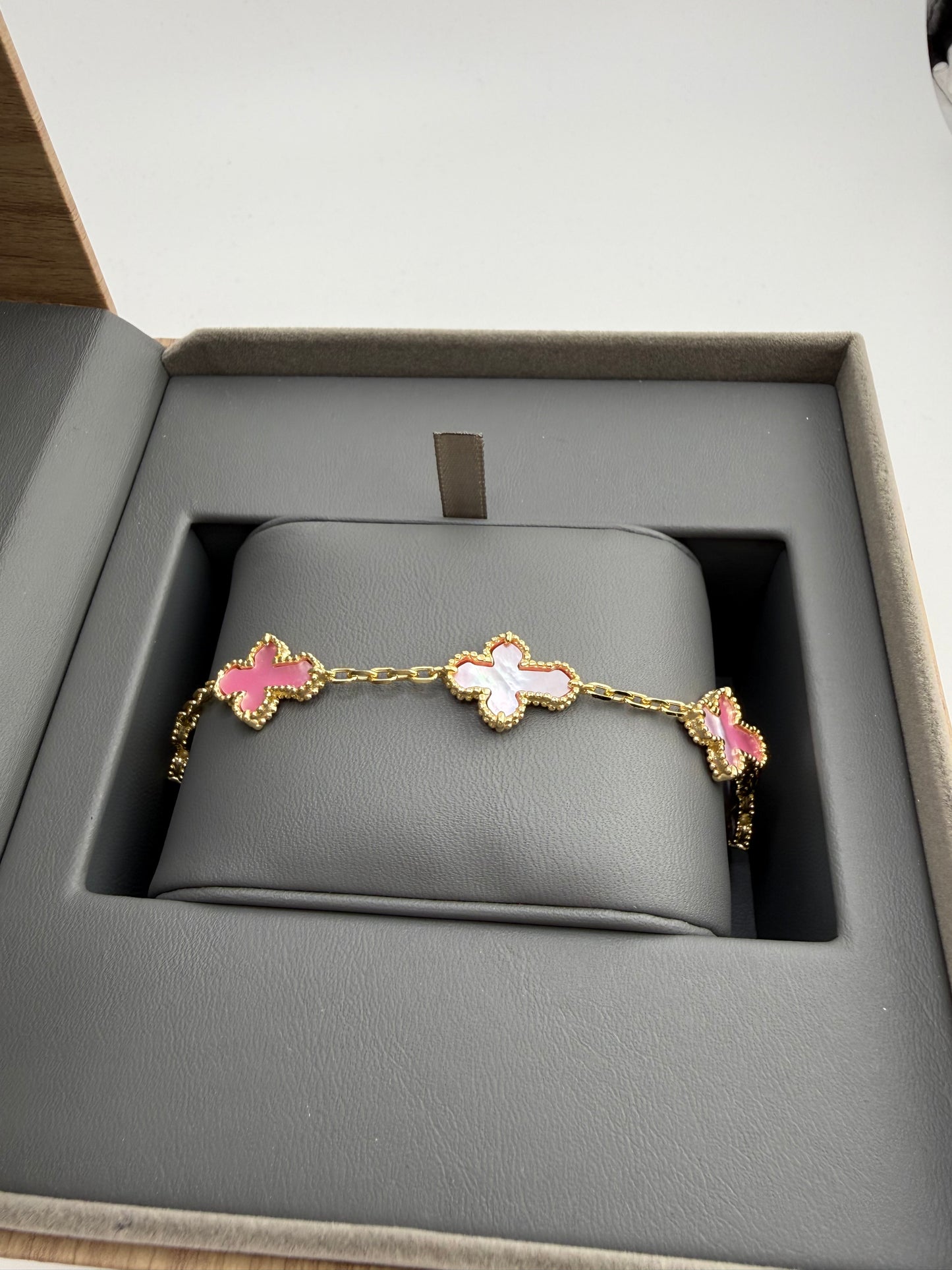 7" Pink Opal Cross Bracelet Yellow Gold Over 925 Sterling Silver Brand New