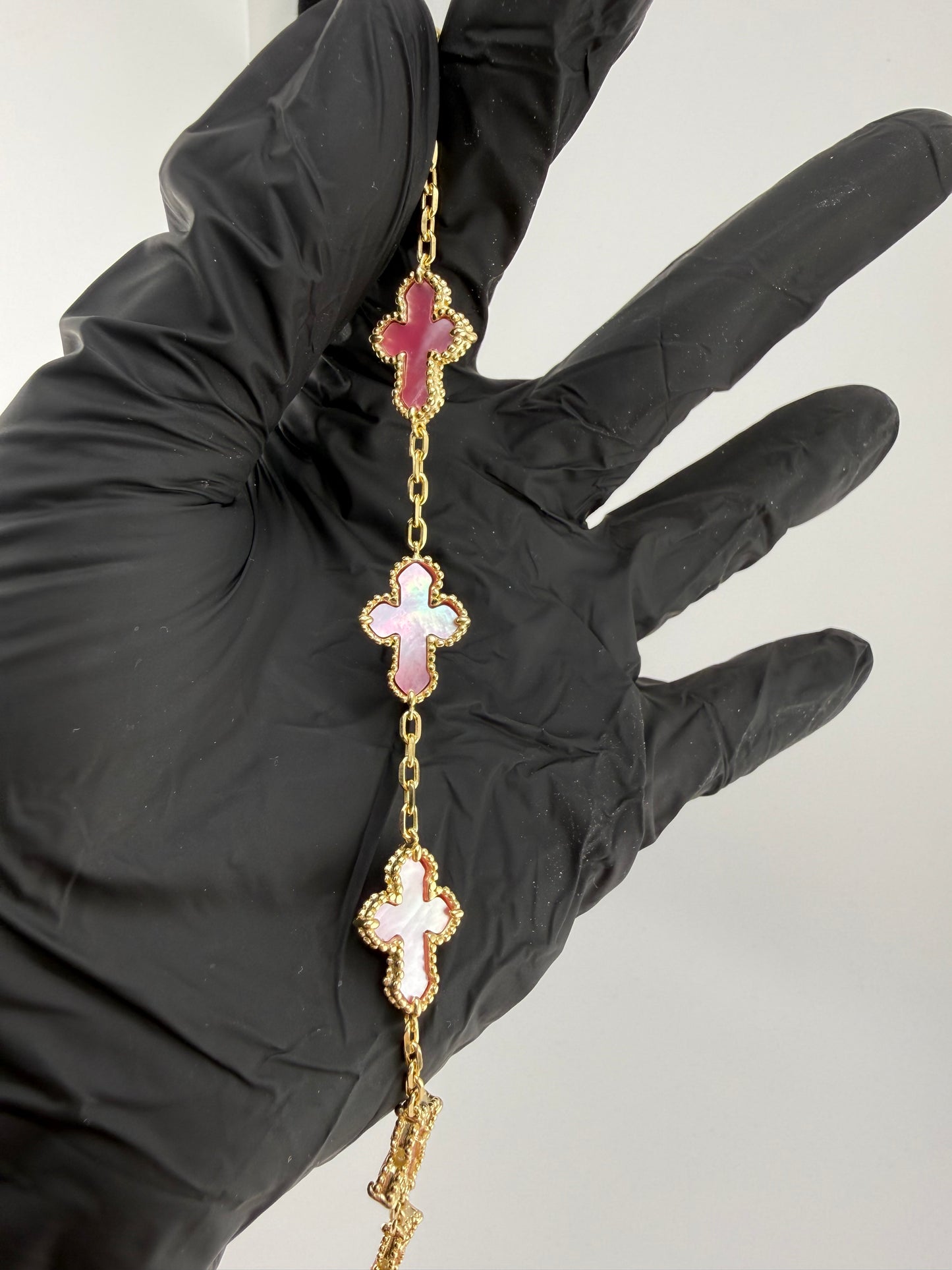 7" Pink Opal Cross Bracelet Yellow Gold Over 925 Sterling Silver Brand New
