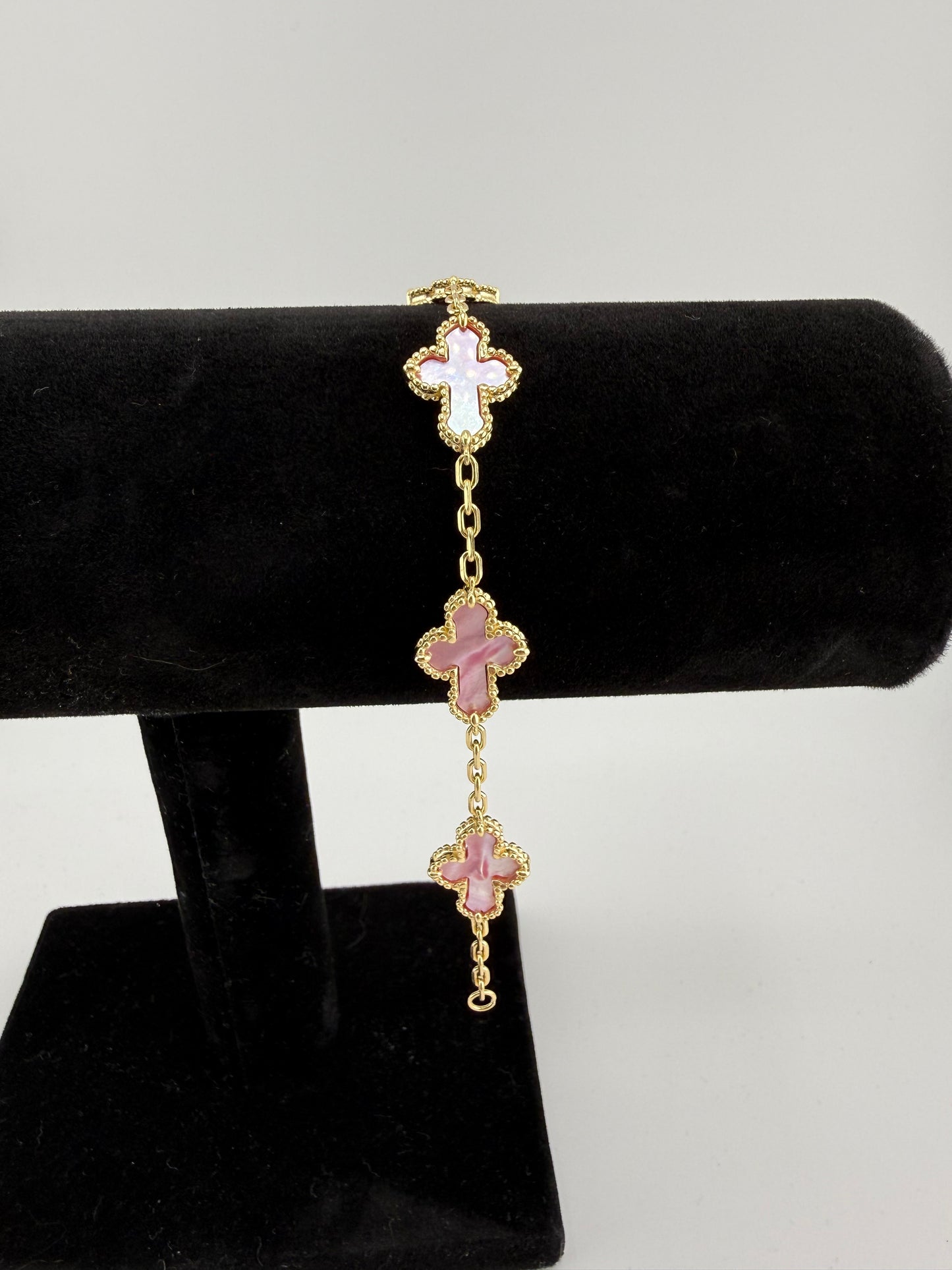 7" Pink Opal Cross Bracelet Yellow Gold Over 925 Sterling Silver Brand New