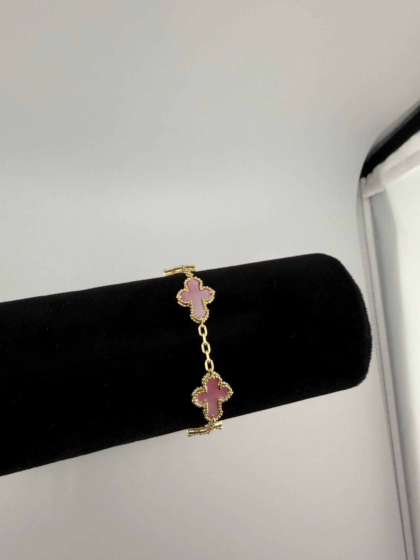 7" Pink Opal Cross Bracelet Yellow Gold Over 925 Sterling Silver Brand New