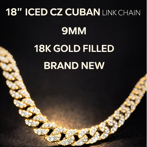 18" 9mm Iced CZ Cuban Link Chain 18k Gold Filled Brand New